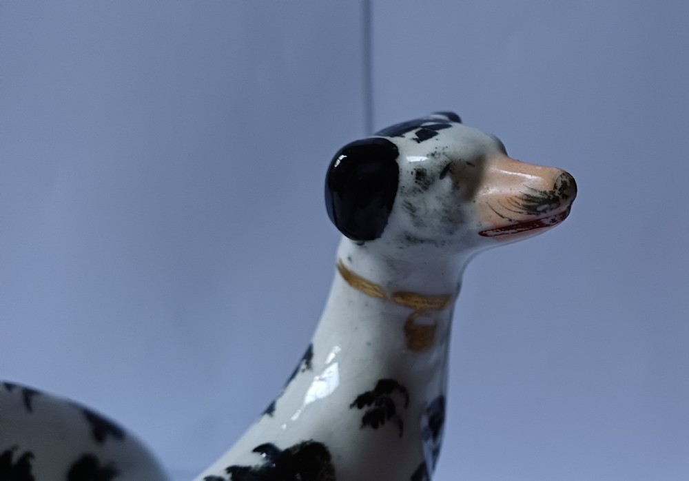 A Staffordshire rare pair on small black & white seated hounds dating circa 1865 View X