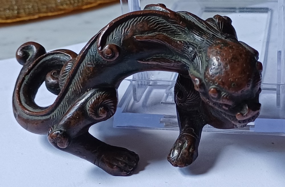 (Reserved JM)Chinese Bronze Fabulous Beast Scroll Weight — 17th/18th Century View V