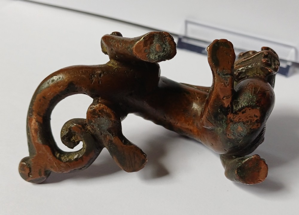 (Reserved JM)Chinese Bronze Fabulous Beast Scroll Weight — 17th/18th Century View X