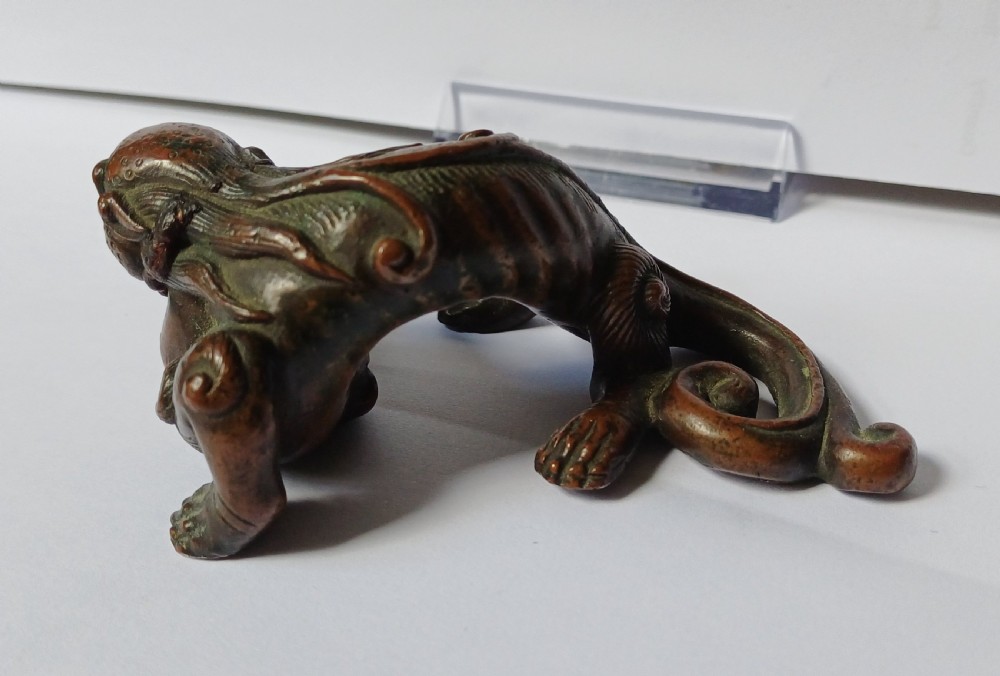 (Reserved JM)Chinese Bronze Fabulous Beast Scroll Weight — 17th/18th Century View XI