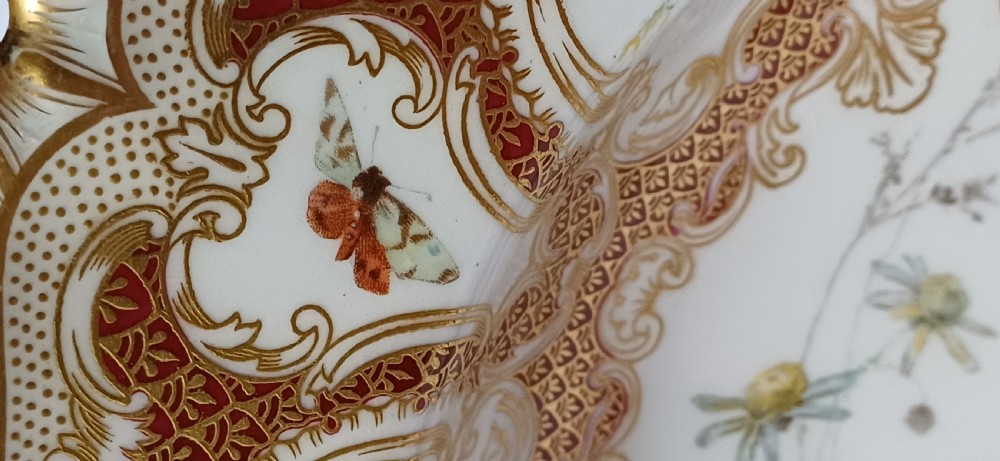 A circular late-Victorian Royal Worcester porcelain soup dish featuring hand-painted botanical floral and insect motifs enclosed within elaborate red and gold gilded rococo scroll borders. View X