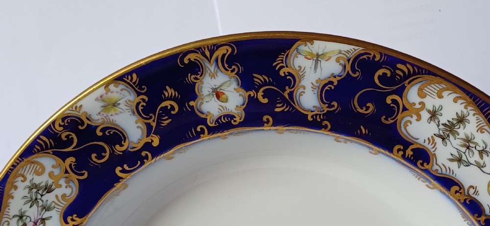 An antique circular porcelain soup dish featuring a dark cobalt blue rim with ornate gold scrollwork, painted birds, and butterflies in the centre. View VII