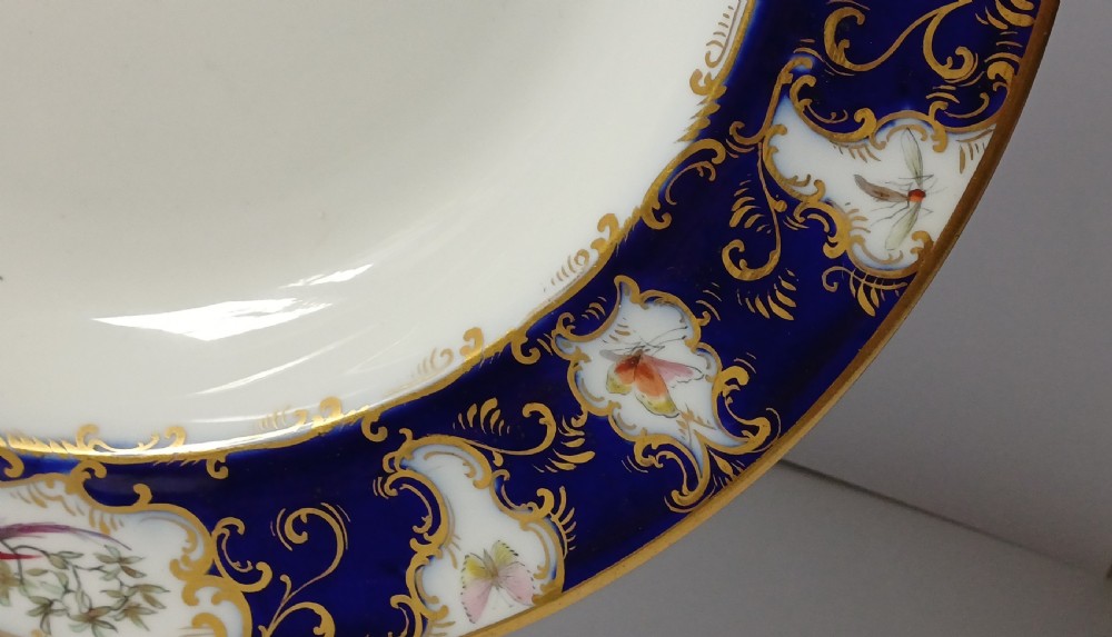 An antique circular porcelain soup dish featuring a dark cobalt blue rim with ornate gold scrollwork, painted birds, and butterflies in the centre. View VIII