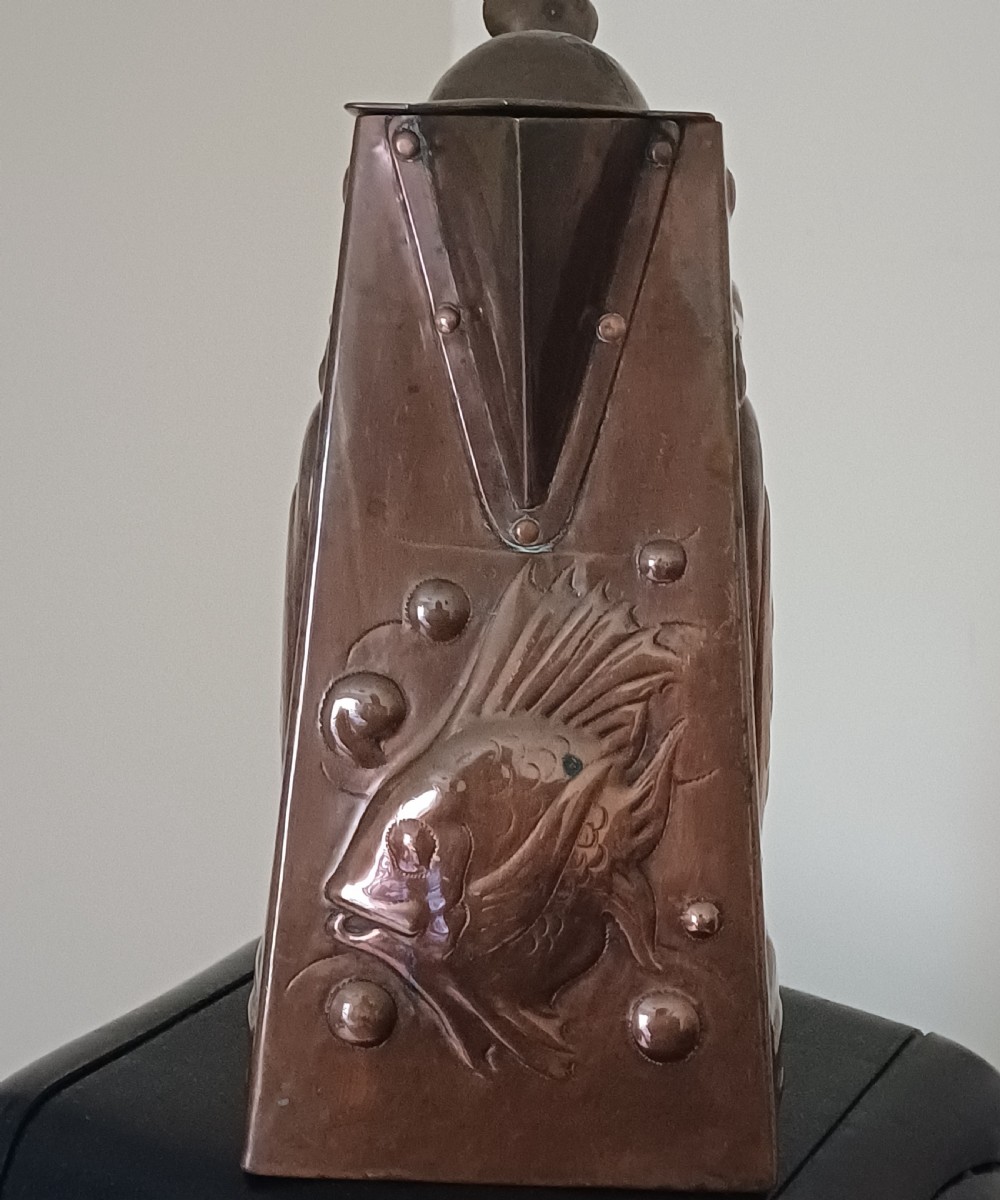 Newlyn Copper Hot Water Jug with Cormorant and John Dory Decoration, c.1905 View V