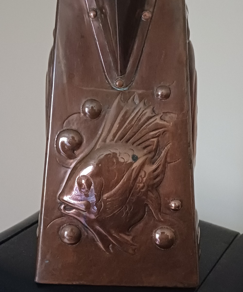 Newlyn Copper Hot Water Jug with Cormorant and John Dory Decoration, c.1905 View VI