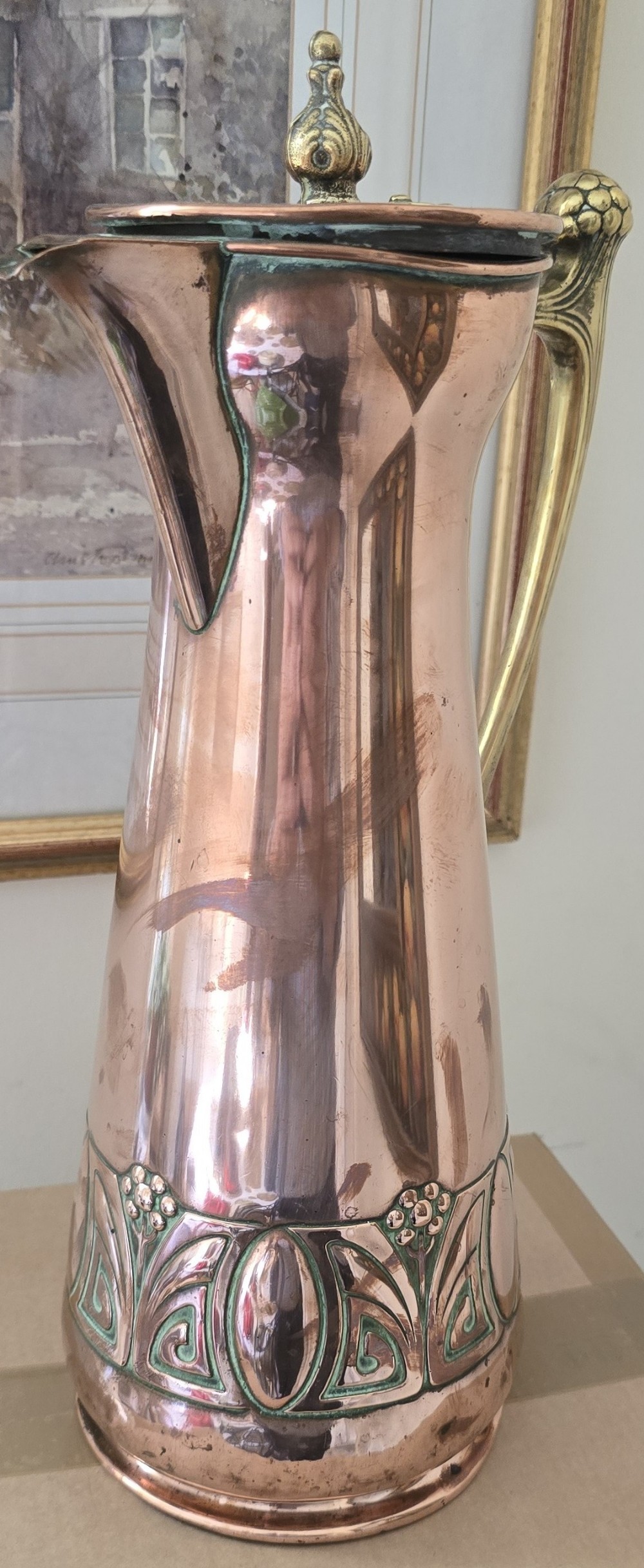 WMF Art Nouveau Jugendstil Copper & Brass Pitcher Jug – Large – c.1900 View V
