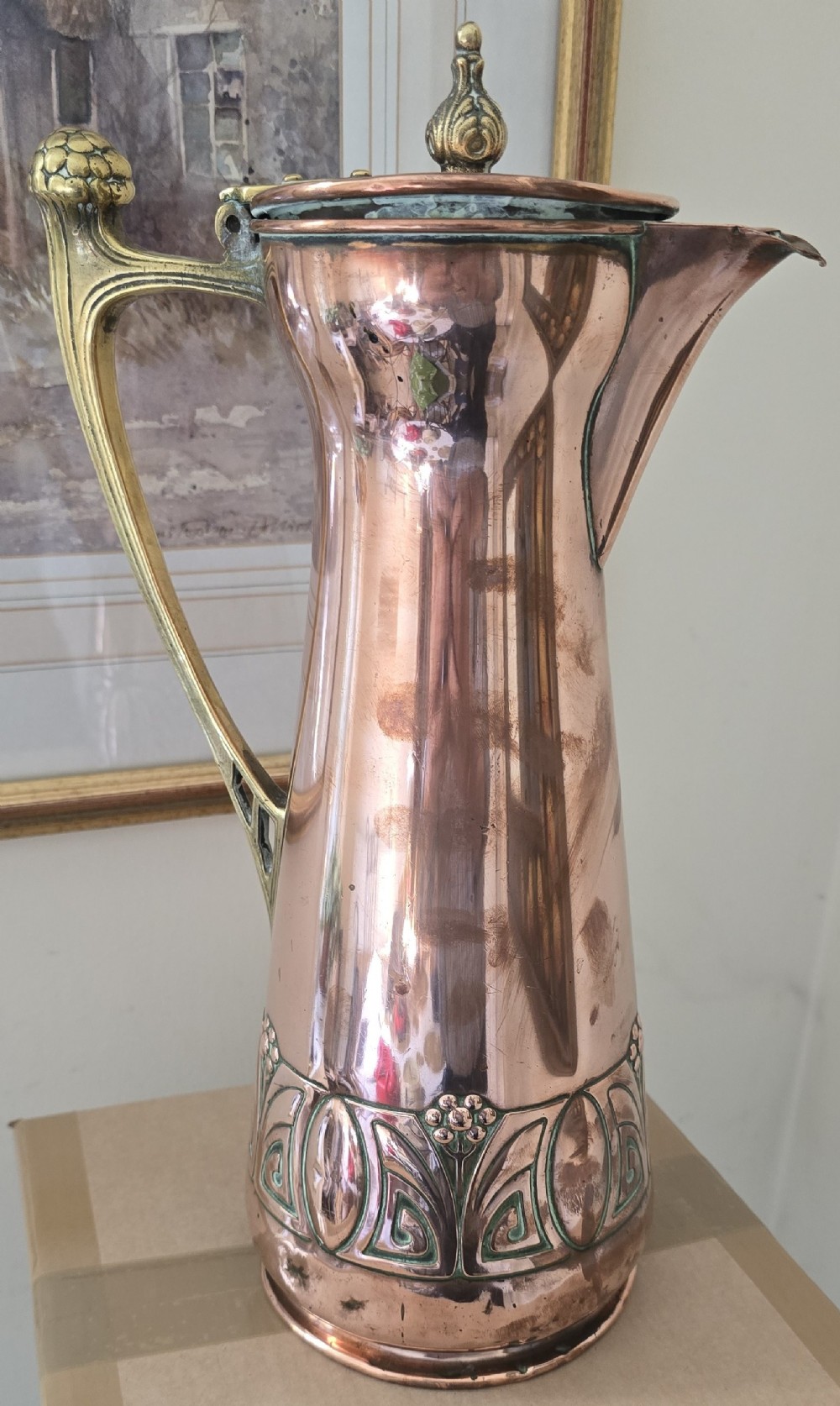 WMF Art Nouveau Jugendstil Copper & Brass Pitcher Jug – Large – c.1900 View VI