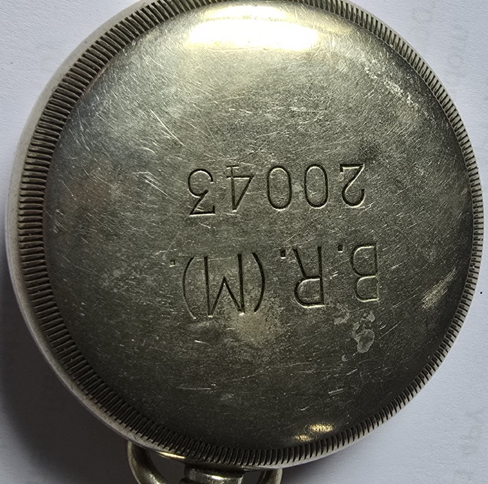 A British Rail Midland Region open-face pocket watch featuring a white dial with Roman numerals, spade hands, and a subsidiary seconds subdial. View VIII