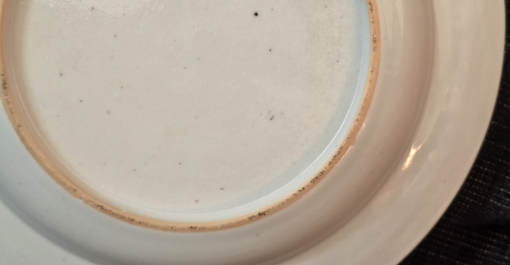 A circular Chinese export porcelain plate featuring a central heraldic crest with red mantling, encircled by a geometric diaper border and floral sprigs. View XIV