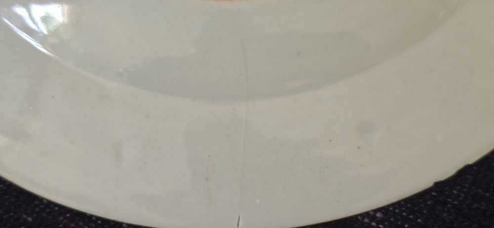 A pair of circular white porcelain plates hand-painted with famille rose enamels depicting figures in an interior and garden setting with a floral rim border. View VIII
