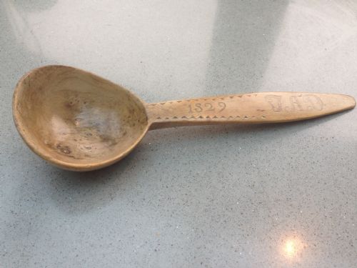 A Dated, Early 19th Century Sycamore Chip and Carved Spoon
