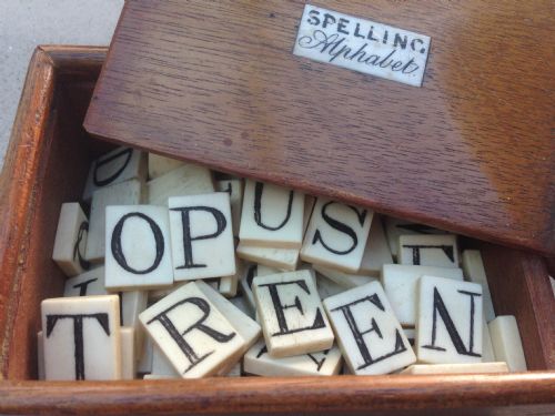 An Unusual Bone Alphabet Set in Mahogany Box
