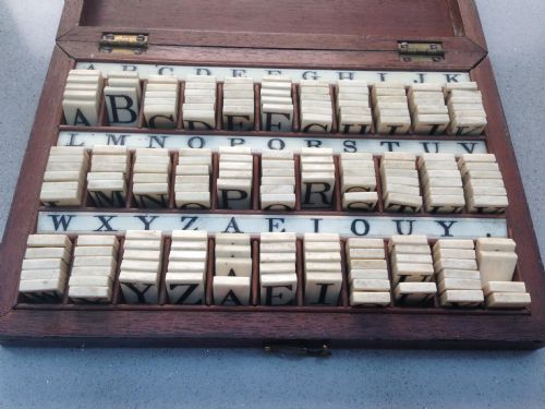A Rare Ivory and Bone 19th Century Spelling/ Alphabet Set in Mahogany Case