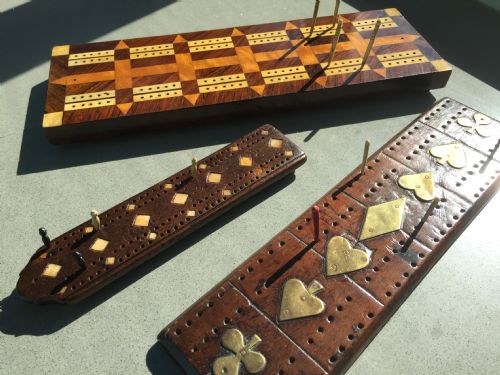 Various Antique Cribbage Boards with Pegs