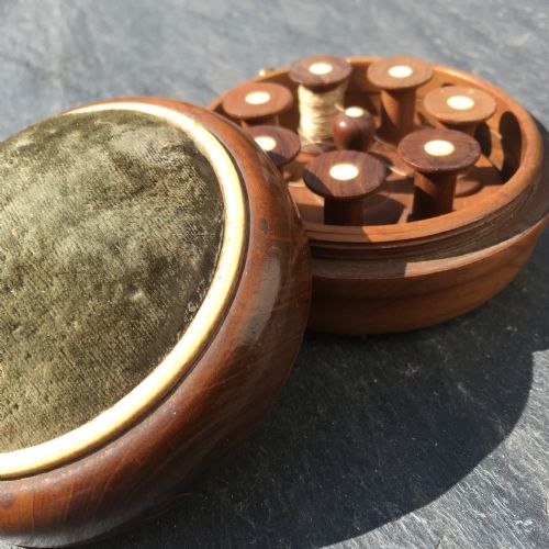 A 19th Century Travelling Mirror/pin Cushion and Cotton Spool Box