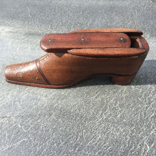 Antique Mahogany Snuff Shoe with Brass Pique Work.