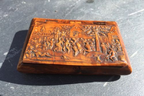 An Early 19th Century Pressed Burr Wood  Rectangular Snuff Box Depicting a Village Scene
