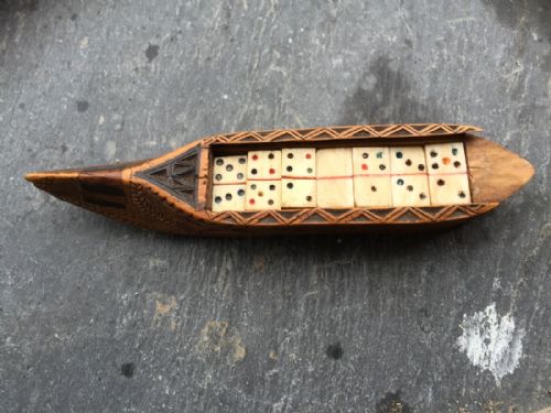 Antique Prisoner of War  Treen Shoe with Bone Dominoes