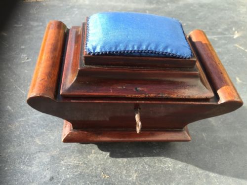 An Early 19th Century Sarcophagus Shaped Mahogany Sewing Box - Pin Cushion Box