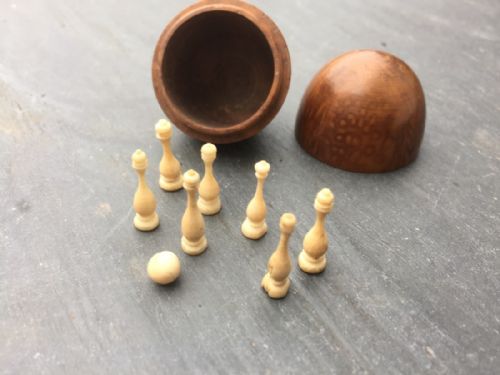 An Unusual Early 19th Century Coquilla Nut Box - Bone Skittles to Interior