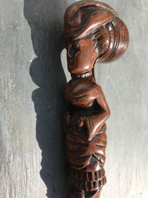 A Mid 19th Century Hickory Shafted Walking Stick with Carved Lovely Carved Female Pommel