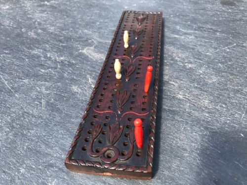 Antique Carved & Painted Cribbage Board - Treen