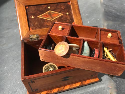 A Victorian Miniature Sewing Box with Bead Work Pin Cushion Top