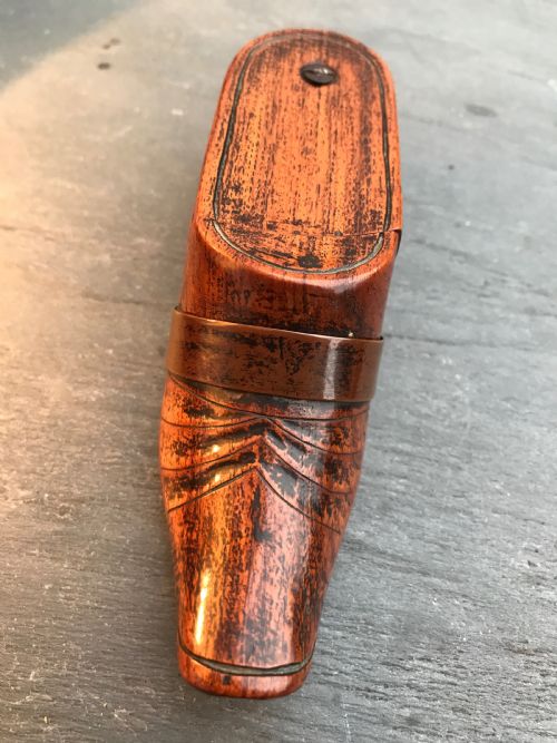 A Lovely Fruitwood Antique Treen Puzzle Snuff Shoe with a Lovely Copper Strap to the Front