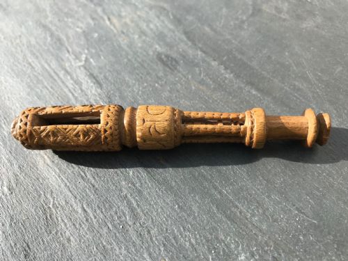 An Unusual  Fruitwood  Lace Bobbin Dated 1828 - Chip Carved/balls/lantern