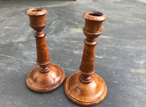 Antique Burr Birch Candlesticks - Lead Weighted Base