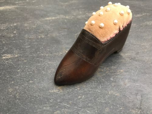 A Victorian  Antique Treen Pin Cushion in the Shape of a Shoe