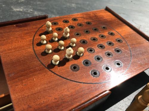Antique Mahogany Games Box - Mini  Skittles, Solitaire, Spellicans