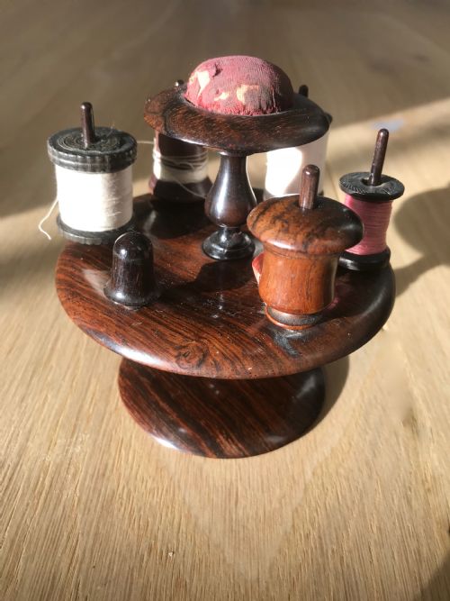 Antique Reel, Tape Measure, Thimble & Pin Cushion Rosewood  Stand