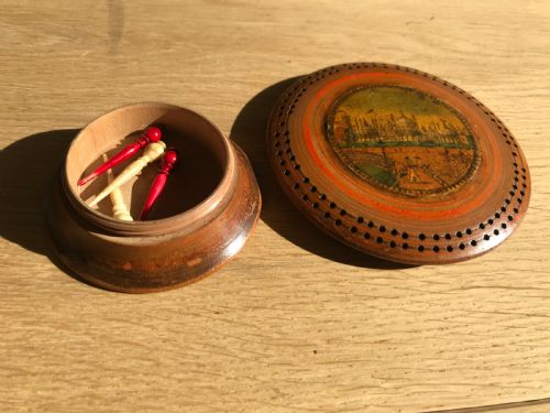 A Rare Size Mini Antique Tunbridge Ware Cribbage Board