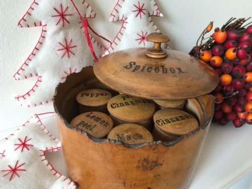 Antique Scottish Spice Box - Inside with Spice Pots - Treen
