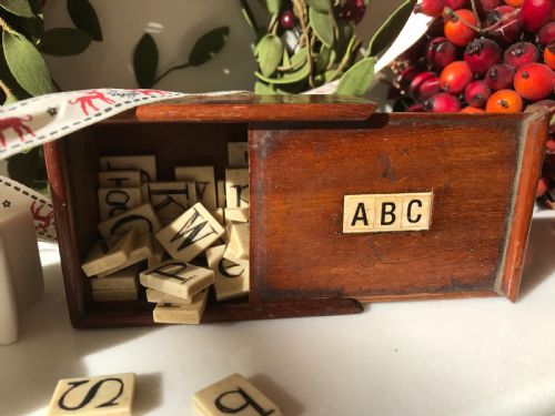 Antique Victorian Spelling & Alphabet Box with Bone Letters