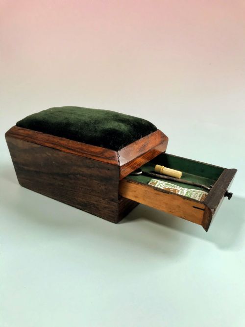Antique Rosewood Sewing/pin Cushion Box - With Drawer & Lead Weighted