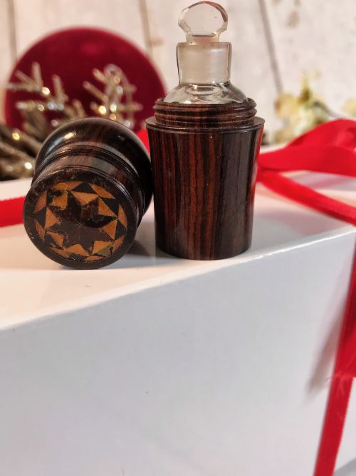 Antique Tunbridge Ware Scent Bottle & Rosewood Bottle Case