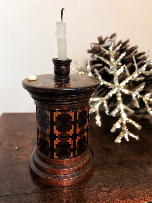 Antique Tunbridge Ware  Go to Bed & Candle Holder - Unusual Feature Seal Storage