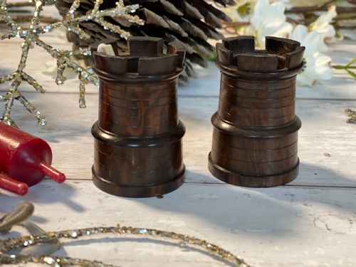 A Pair of Lignum Vitae Match Holders - Castle Shaped