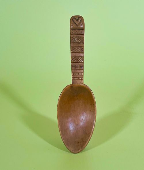 Antique Treen Pear Wood Love Spoon - Carved Date & Heart