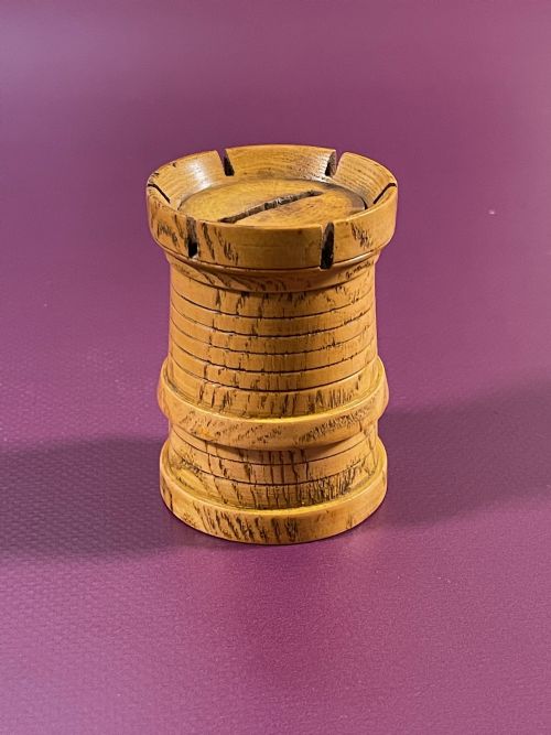 Antique Treen Money Box - Castle/ Rook Chess Piece Shape