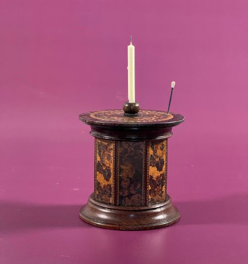 extra large antique tunbridge ware seal candle and match holder - CATEGORY: ANTIQUE LIGHTING - DATED 19TH CENTURY