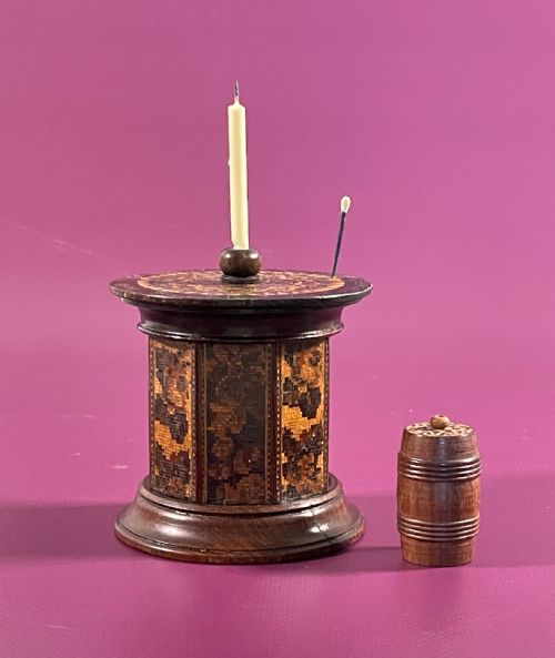 EXTRA LARGE ANTIQUE TUNBRIDGE WARE SEAL CANDLE AND MATCH HOLDER - ADDITIONAL PHOTO 1