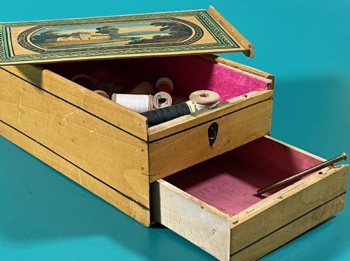 ANTIQUE WHITEWOOD SEWING BOX WITH PAINTED LID DRAWER - ADDITIONAL PHOTO 1
