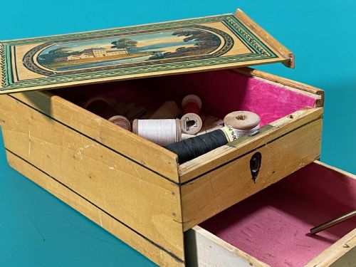 ANTIQUE WHITEWOOD SEWING BOX WITH PAINTED LID DRAWER - ADDITIONAL PHOTO 3