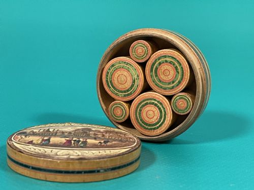 ANTIQUE TUNBRIDGE WARE CIRCULAR BOX RETAINING ITS SIX ORIGINAL POTS INSIDE - ADDITIONAL PHOTO 5