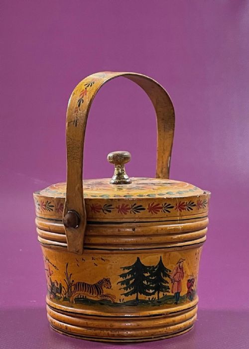 an early painted tunbridge ware circular sewing pannier box - CATEGORY: ANTIQUE BOXES - DATED GEORGIAN