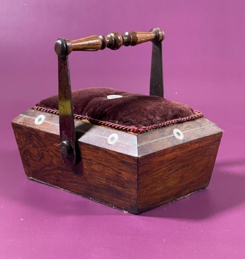 antique treen rosewood cotton reel pannier basket pin cushion - CATEGORY: ANTIQUE MISCELLANEOUS - DATED 19TH CENTURY