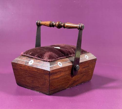 ANTIQUE TREEN ROSEWOOD COTTON REEL PANNIER BASKET PIN CUSHION - ADDITIONAL PHOTO 1